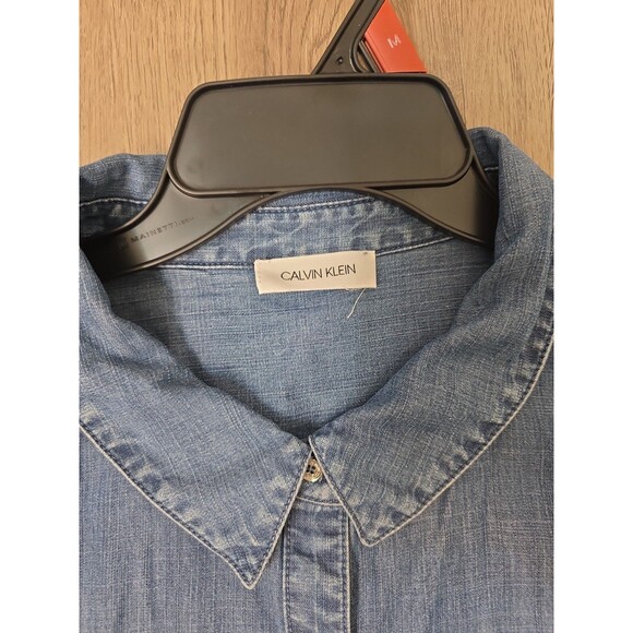Calvin Klein 2X Plus Chambray Lyocell Denim Button Front Short Sleeve Top Blue - Picture 4 of 12